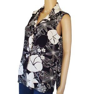 Vintage Clio Shirt Top Women's L Black & White Floral Sleeveless Collared Button